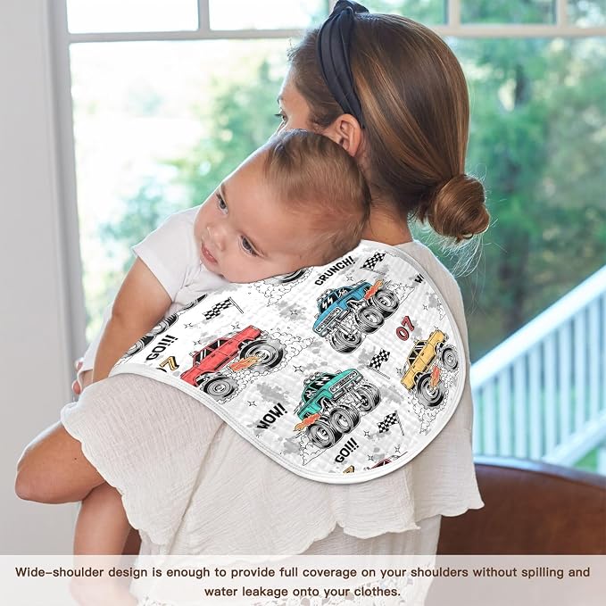 Muslin Burp Cloths for Baby Boys and Girls - 2-Pack Ultra Absorbent Monster Trucks Muslin Washcloths, Newborn Towel, Milk Spit Up Rags, Burp Cloth Bibs for Unisex, 22 x 11 Inch