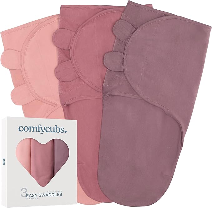 Comfy Cubs Easy Swaddle Blanket, 3 Pack - 100% Cotton Newborn Wrap, Large for 3-6 Months Infants, Breathable and Durable Sleep Sack for Babies - Blush, Mauve & Mulberry