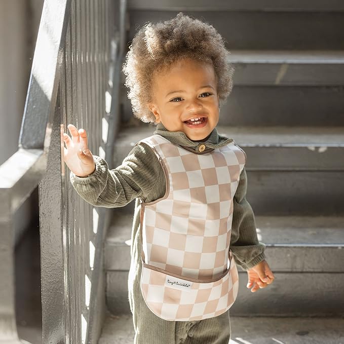 Tiny Twinkle Mess Proof Baby Bibs | 2 Pack Waterproof Toddler Bib for Eating | Baby Apron for Feeding, Machine Washable, Perfect Shower Gift (Beige,Sage Checkers, 6??4M)