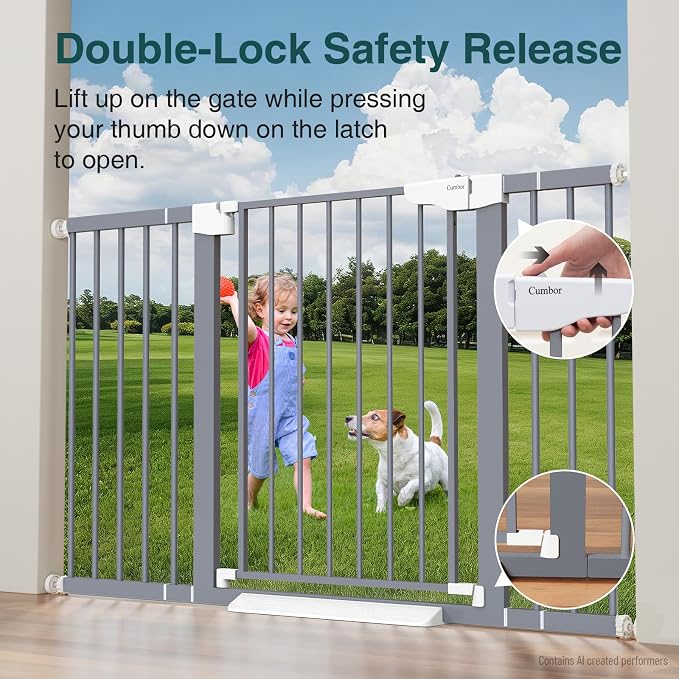 Cumbor 29.7-54.2" Wide Baby Gate for Stairs, Auto-Close Dog Gate Indoor for Doorways, No Drilling Pressure Mounted Pet Gates for Kids, Easy Walk Through Safety Gate, Gray