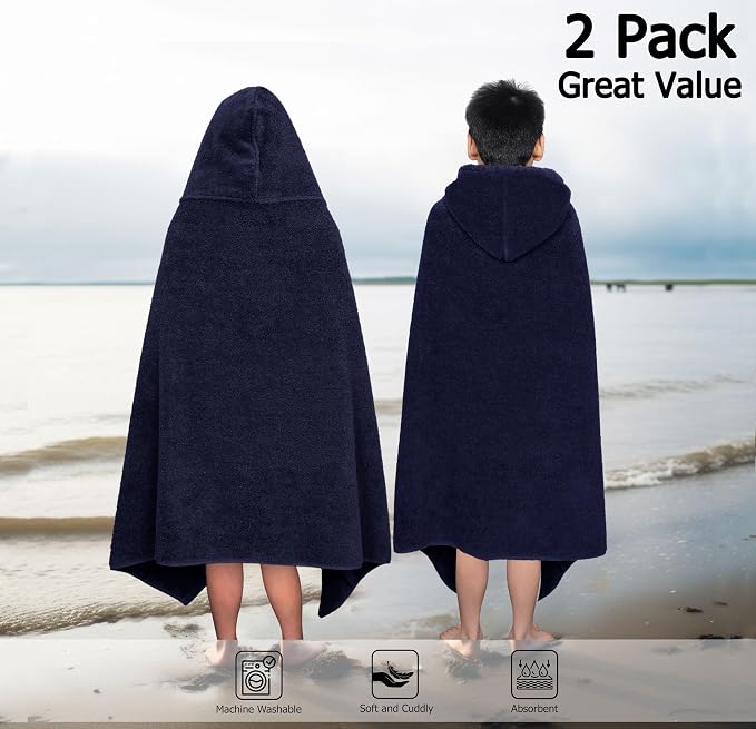ORIGINAL KIDS Hooded Bath Towel Wrap - 2 Pack - Ultra Soft 100% Cotton Terry Large Oversized Hooded Kids Towel - Shower Pool Beach - 579 GSM Absorbent Quick Dry Plush Gift - 30 x 54 - Navy