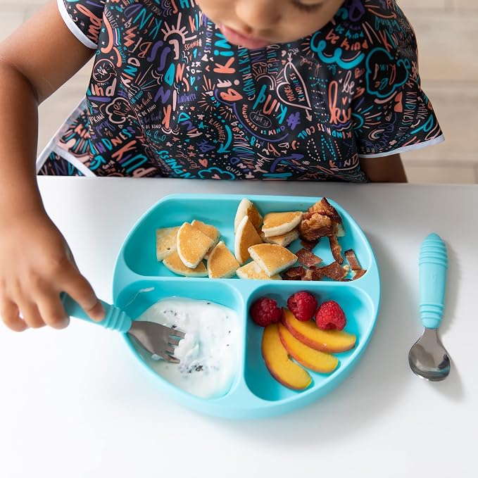 Bumkins Silicone Grip Dish, Suction Plate, Divided Plate, Baby Toddler Plate, BPA Free, Microwave Dishwasher Safe, Blue-GD, 1 Count (Pack of 3)