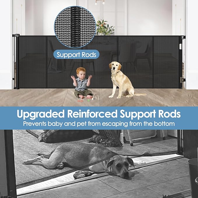 Reinforced 120 Inch Extra Wide Retractable Baby Gates with Support Rods, Upgrade Retractable Dog Gate to Prevent Bottom Crawling Through, 10 Ft Extra Long Mesh Gate Pet Gate for Large Openings, Black