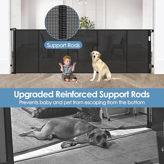 Reinforced 150 Inch Retractable Baby Gates Extra Wide Dog Gate with Support Rods, Upgrade Extra Long Baby Gate for Doorways 12 Ft Extra Large Pet Gate Indoor Outdoor Mesh Dog Gate for The House, Black