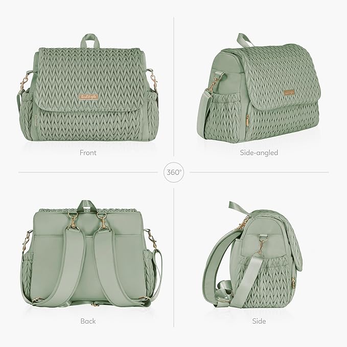 Hannah & Sophia Belle Convertible Baby Diaper Backpack & Bag in Sage Green, Large Size, Dual Sided Water Resistant Changing Mat Included, Detachable Shoulder Straps, Easy To Use