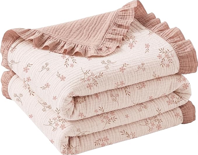 Konssy Flounce Muslin Baby Blanket for Girls Boys 47 x 47 Inches, 100% Cotton Soft Crib Swaddle Blankets, Reversible & Breathable Nursery Bedding for Newborns Toddlers(Petal Dream)