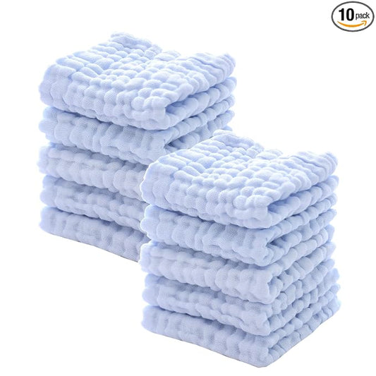 MUKIN Baby Washcloths - Natural Cotton Baby Wipes - Soft Newborn Face Towel for Sensitive Skin - 10 Pack, 12x12 inches
