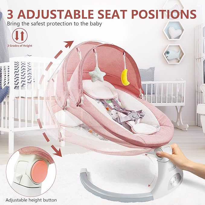 Pink Electric Baby Swing for Infants to Toddlers, 5 Speed Settings, 12 Built-in Songs, Bluetooth & USB Music, Timer Function, Adjustable Baby Swing for Nursery Use
