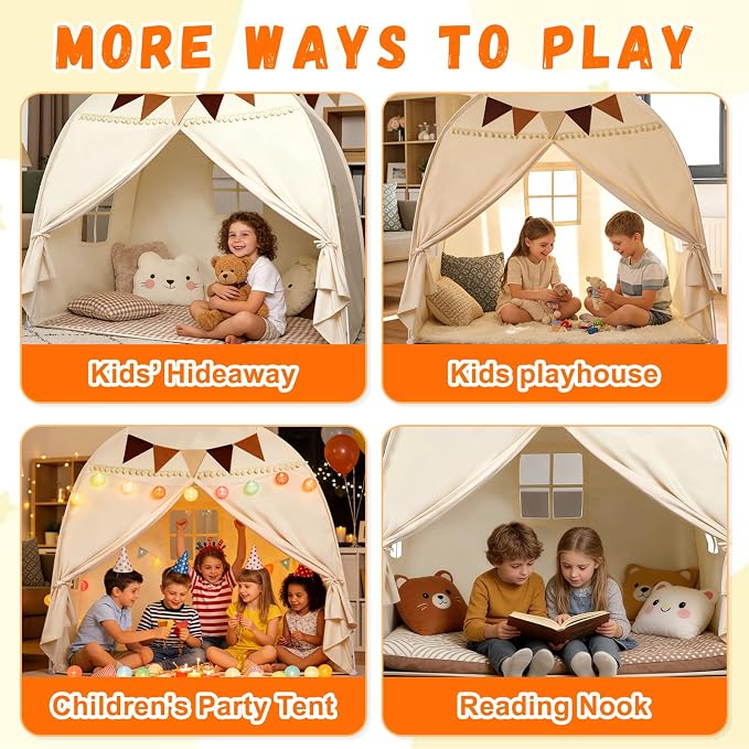 Large Teepee Tent for Kids: with Star Lights & Flags - 3-Window Cone Ball Playhouse for Indoor & Outdoor - Portable & Foldable Gift for Boys & Girls - Cream, 59.1"x39.4"x59.1"