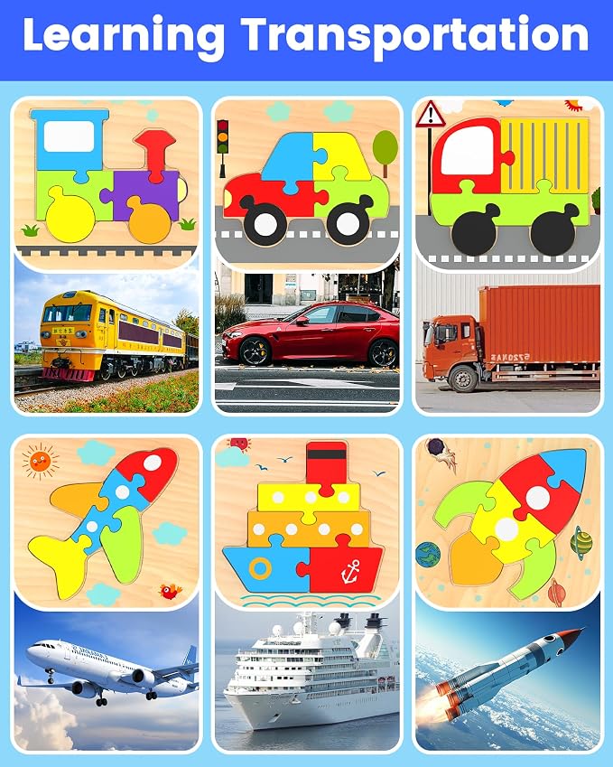 Benresive Wooden Toddler Puzzles for Boys Girls Age 1 2 3, 6 Pack Montessori Vehicle Toys, Educational Preschool Learning Toys, Great Birthday Gifts for Toddlers