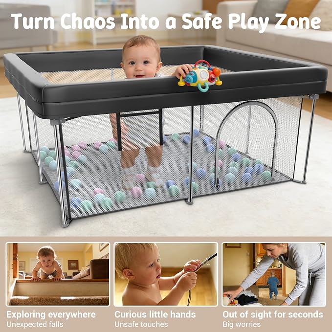 Foldable Baby Playpen with Mat, 50"×50" Collapsible Play Yard for Babies and Toddlers, No Assembly Required, Kids Safety Play Area with 4 Handles, 50 Balls and Visible Mesh, Black
