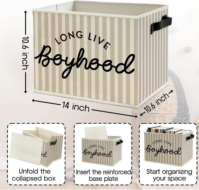 Black Long Live Boyhood Boys Storage Bins Box with Handles, Beige Stripe Collapsible Basket Organizer for Kids Teen Boy Nursery Room Bedroom Bathroom Playroom Toys Books Clothes
