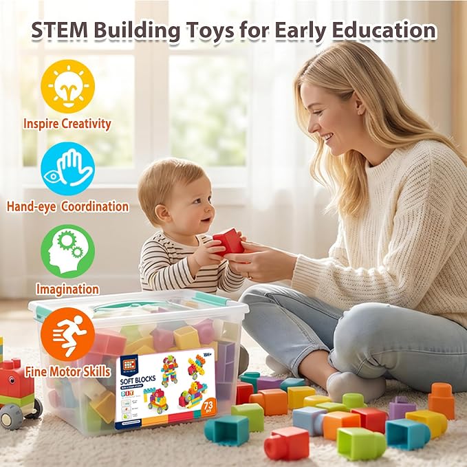 73 PCS Soft Building Blocks for Toddler 18M+, Big Stacking Blocks for Kids, STEM Educational Building Toys Set with Storage Box, Ideal for Early Learning and Hands-On Play