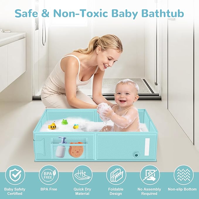 Collapsible Baby Bathtub, Foldable Toddler Bath Tub with Chick Pattern Bath Rinse Cup, No Assembly Portable Travel Bathtub for 6M-5Y, Ideal for Shower, Travel Essentials & Baby Registry Gift