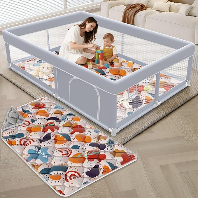 XVISHX Baby Playpen with Mat, 65 x 50 Inch Play Pen Playards, Playpen for Babies and Toddlers, Baby Playard for Indoor & Outdoor Active Center Game Fence, Skin-Friendly Fabric and Soft Breathable Mesh