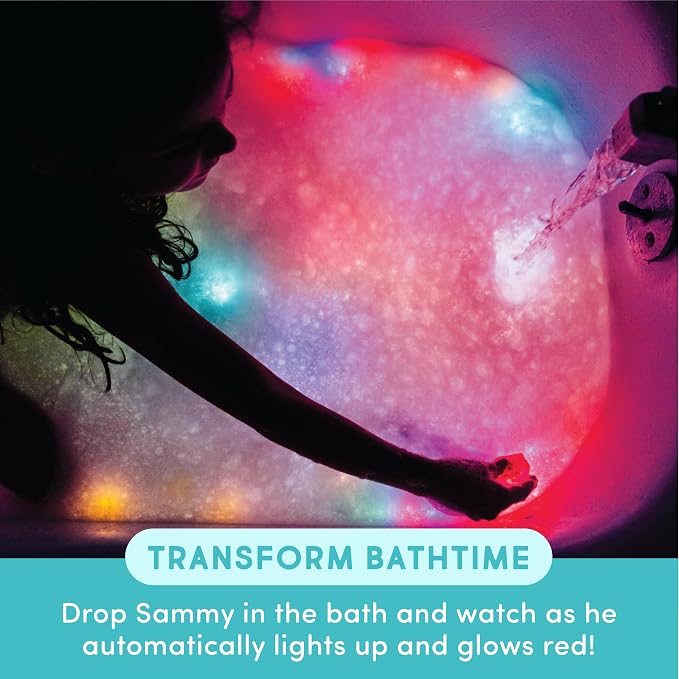 Glo Pals Water-Activated Light-Up Sensory Bath Toy Character and 6 Cubes for Bathtime and Sensory Play, Sammy, Glows Red