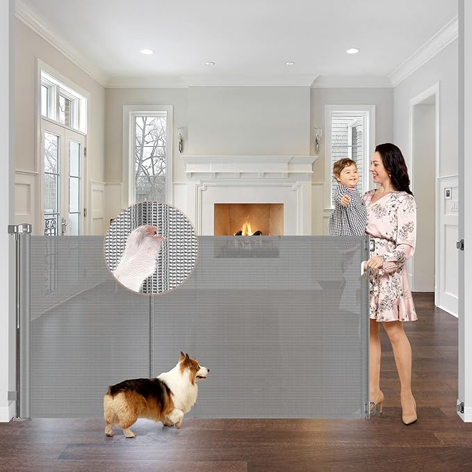 Reinforced 42" Extra Tall x 75" Wide Retractable Baby Gates with Support Rods - Prevent Crawling Under Extra Tall Pet Gate Indoor Mesh Baby Gates for Dogs Outdoor Retractable Gate, Gray