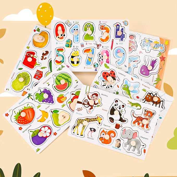 Wooden Peg Puzzles for Toddlers 3 4 5 Years Old, 6 PCS Toddler Puzzles (Vegetables, Numbers, Fruits, Insects, Sea and Animals), Great Preschool Learning Puzzle Toys for Girls and Boys