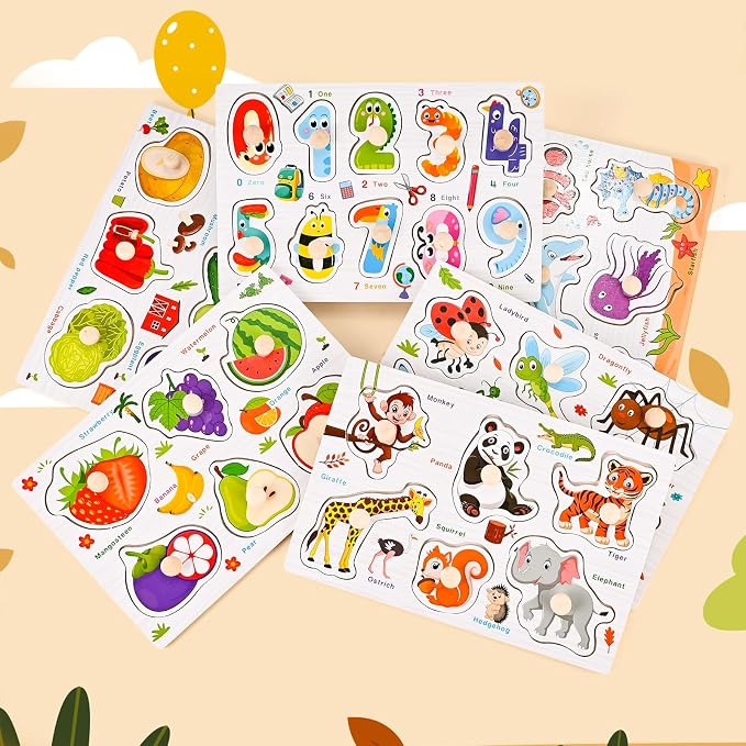 Wooden Peg Puzzles for Toddlers 1-3, 6 PCS Toddler Puzzles Set(Vegetables, Numbers, Fruits, Insects, Sea and Animals), Great Preschool Learning Puzzle Toys for Girls and Boys
