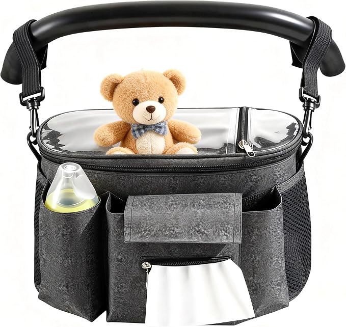 Stroller Organizer with Insulated Cup Holders - Universal Stroller Caddy Bag Fits for Uppababy, Baby Jogger, Nuna - Detachable Shoulder Strap & Large Storage for Diapers, Wipes (Grey)