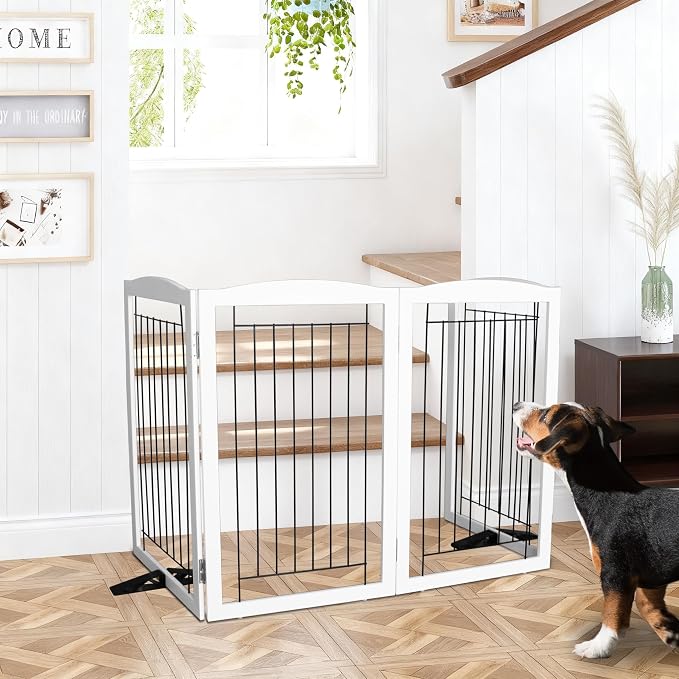 Dog Fence Indoor,Dog Gate Indoor for Doorway pet gate -4-Panel Freestanding, Hallways, House or Stairs -80x32-Inch Retractable Foldable Expandable Wood Pet by SFJC (White)