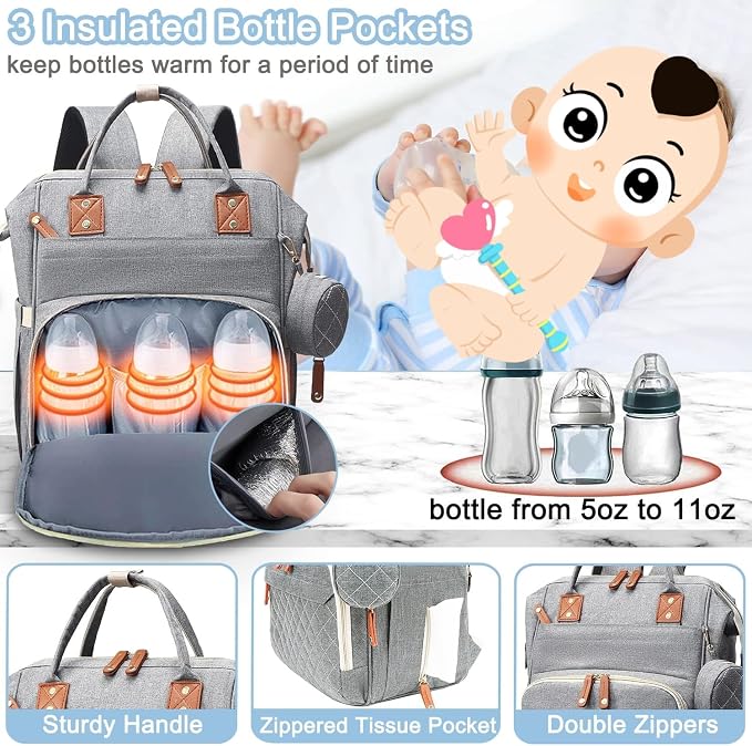 Black Diaper Bag Backpack, Multifunctional Waterproof Mommy Bag with Changing Pad, USB Port, Stroller Straps, Large Capacity Baby Travel Bag (grey)