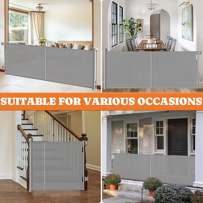 Upgrade Retractable Baby Gates, 35" Tall Extends up to 60" Wide, Mesh Dog Gate Indoor for Stairs, Outdoor Reinforced Pet Gate with Support Rods for Doorways Hallways Kitchen Bedroom, Grey