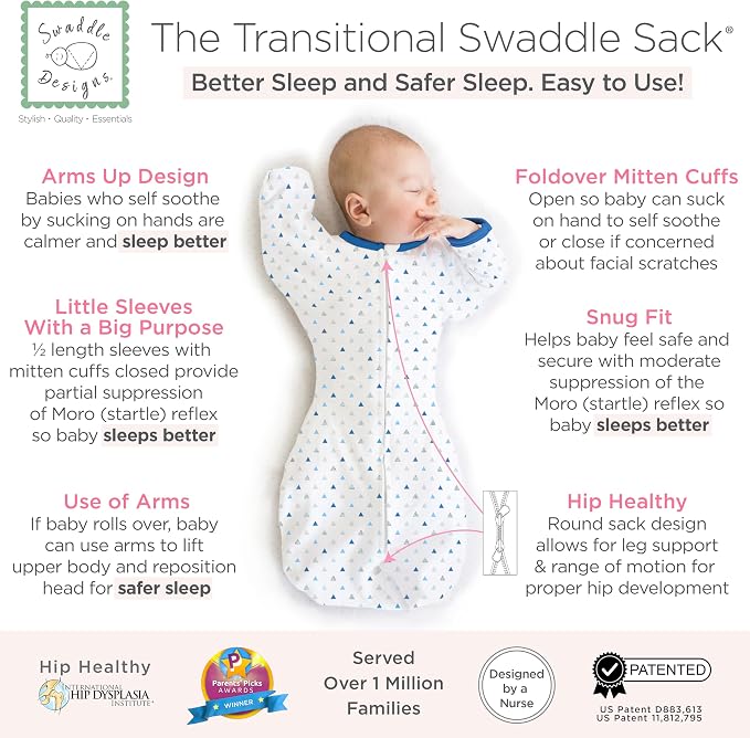 SwaddleDesigns Transitional Swaddle Sack, Arms Up Half-Length Sleeve Mitten Cuff, Most Gradual Transition Swaddle for Newborn