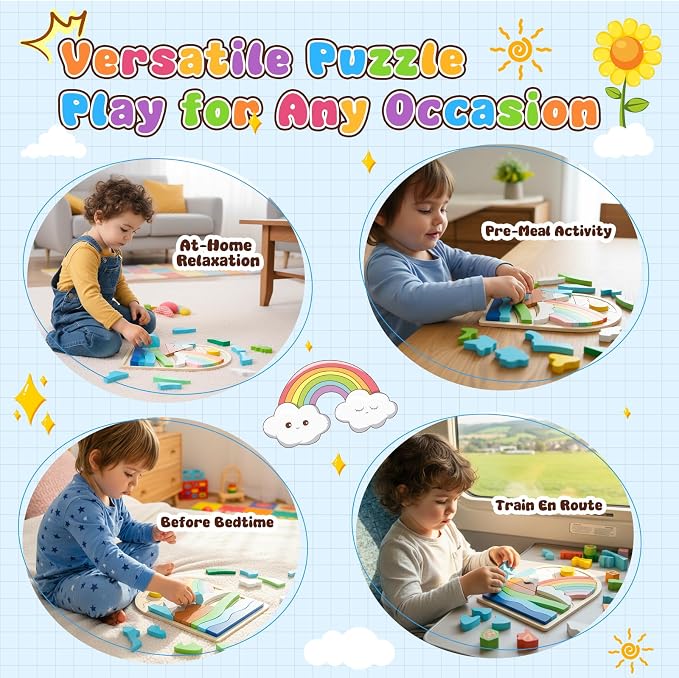 Montessori Wooden Shape Puzzles - Color Matching & Cognition Fun for Kids Over 3 Years Old, with Rainbow Blocks & Themes, Fine Motor Skill Building Toys & Gifts (Rainbow)