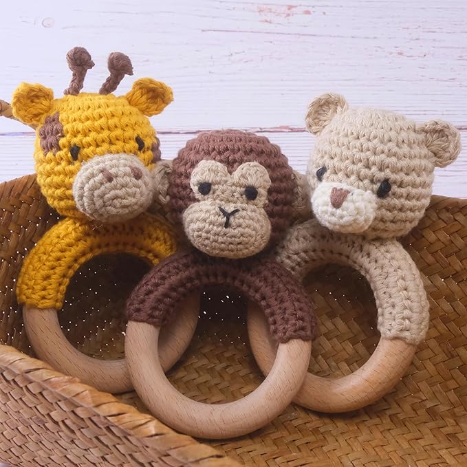 Joliecraft Safari Animals Wooden Baby Rattle Toys Stuffed Crochet Rattle with Teether Ring for Newborn, Brown Monkey
