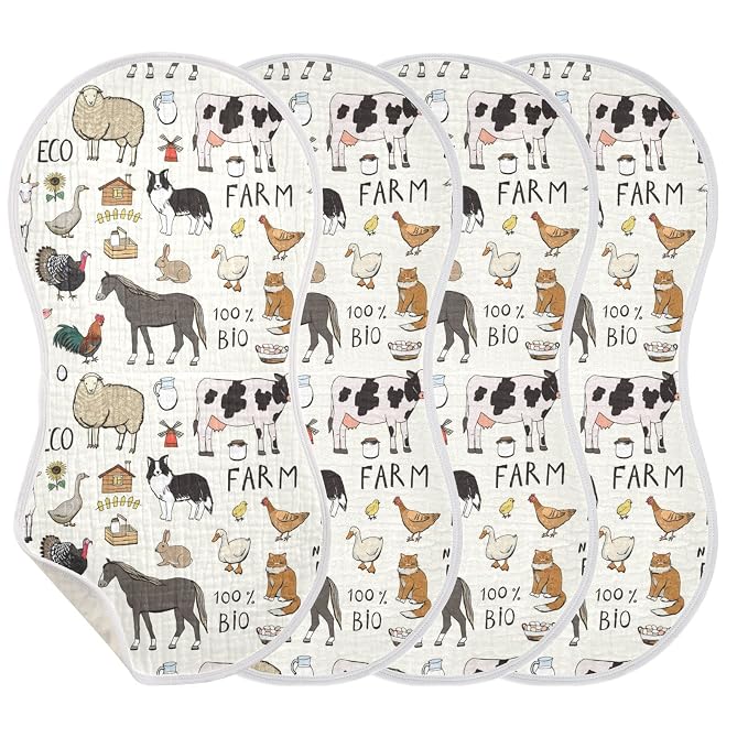 Kigai Farm Animals Muslin Baby Burp Cloths - Super Absorbent and Soft Burping Rags - Cotton Burp Clothes Set for Boys and Girls, 4 Pack