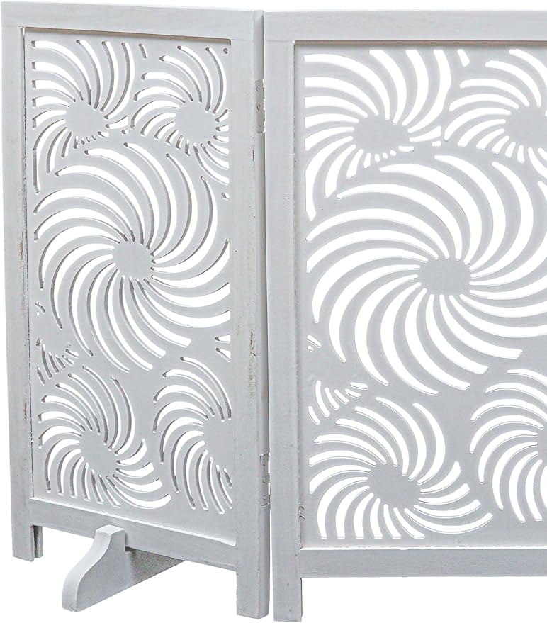 Freestanding Pet Gate for Dogs, Foldable Wooden Dog Gate for House, Indoor Dog Gate for Stair, Doorway,Sun Flower Design Gates for Dogs Indoor, 48 Inch Wide, (16" x3 Panels =48 inch),White Antique