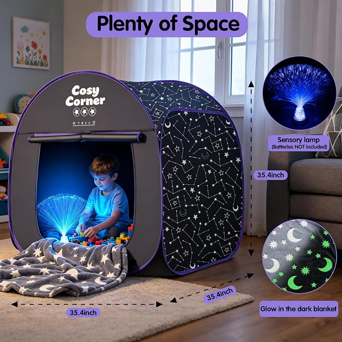 Sensory Tent for Kids Blackout Pop Up Play Tent for Relax & Claming Down, Clam Corner with Fiber Optic Lamp & Glow in The Dark Blanket for Children Ages 3 Years & up