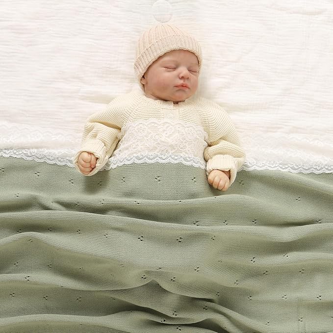 Hadetoto Cotton Lace Knit Baby Blankets, Super Soft Lightweight Crib Blanket for Infant Boys Girls, Nursery Bedding (Light Green)