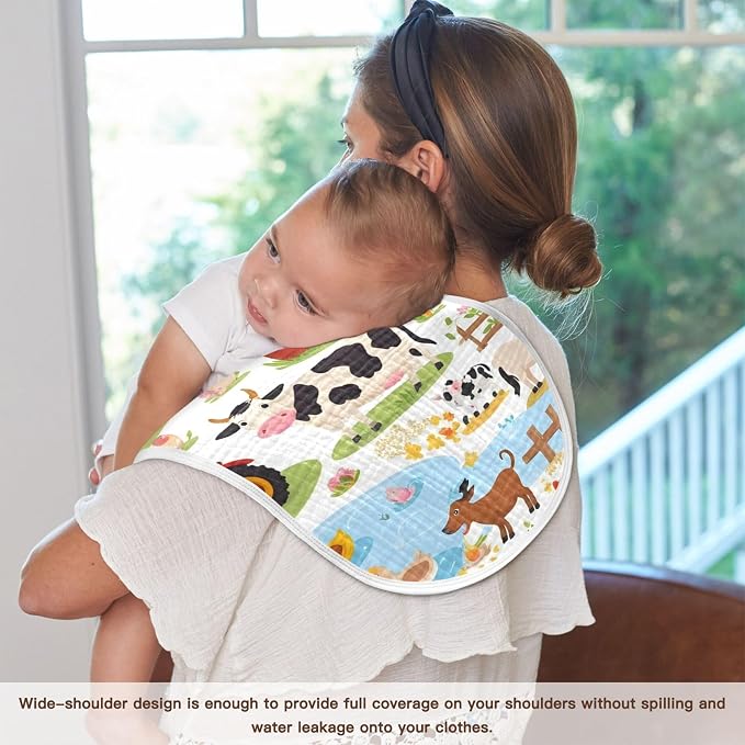 Burbuja Farm Animals Muslin Baby Burp Cloths, Soft & Absorbent Cotton Burping Rags for Newborn Boys & Girls, 2 Pack