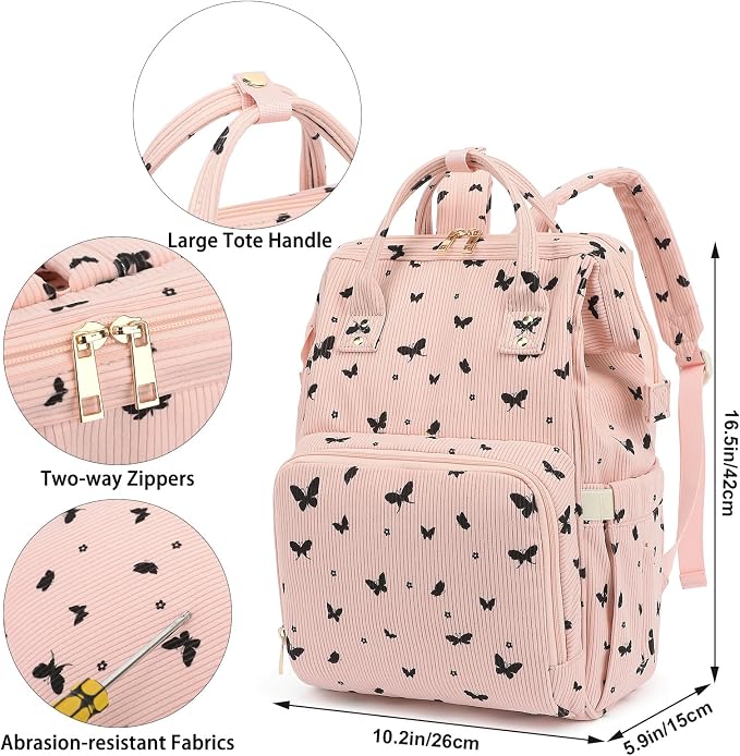 Corduroy Diaper Bag Backpack for Baby Girls Boys, Women Large Nappy Bags for Mom (Pink Corduroy Butterfly)