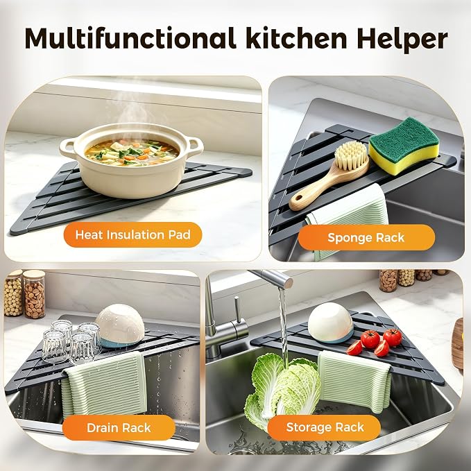 Sink Corner Drying Rack - Foldable Triangular Sink Sponge Holder, Dish Drying Rack Over the Sink, Kitchen Sink Accessories (Grey, 13.78" x 7.87")