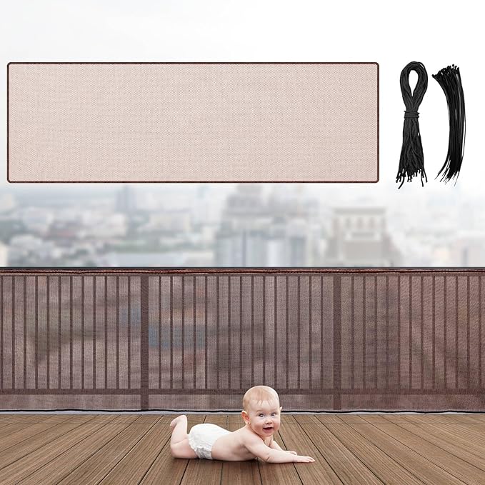 Hosuly Banister Guard 15 x 3 ft Balcony Netting for Kids Pets Stairway Safety Net Baby Fence Door Balcony Netting Safety Mesh Stair Net with No Drilling for Apartment Railing(Brown)