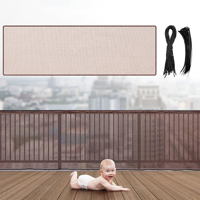 Hosuly Banister Guard 15 x 3.3 ft Balcony Netting for Kids Pets Stairway Safety Net Baby Fence Door Balcony Netting Safety Mesh Stair Net with No Drilling for Apartment Railing(Brown)