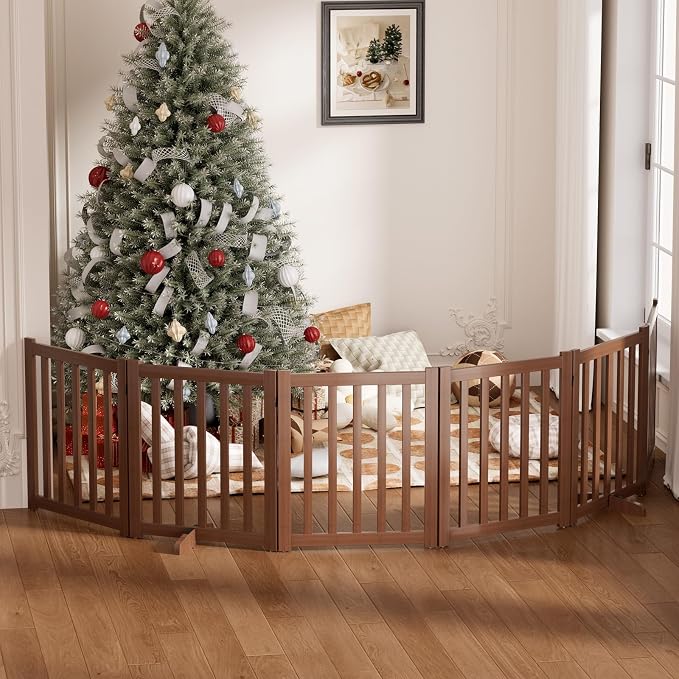 Wooden Freestanding Foldable Dog Gate, 24 Inch Height 6 Panel Pet Gate No Drill for Doorways Stairs, Fully Assembled Indoor Puppy Fence (Teak Color, 120" W x 24" H)