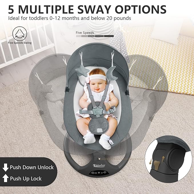 Portable 5 Speed Baby Rocker with Music, Remote Control, and Touch Screen for Infants - Suitable for 0-9 Months, 5-20 lbs, Gray (CR010A-1-GREY)
