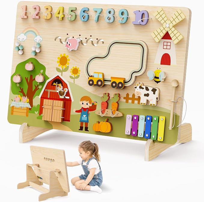 BlueWood Wooden Busy Board for Toddlers 18+ Months, 12-in-1 Montessori Philosophy Educational Toy, Activity Center Made from Basswood, No Drilling, Easy to Install & Store - Farm