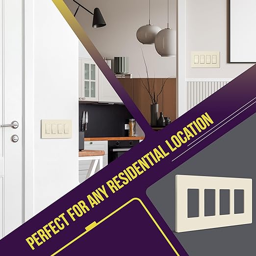 ENERLITES Screwless Decorator Wall Plates Child Safe Outlet Covers, Gloss Finish, Medium Size 4-Gang 4.88" H x 8.58??L, Unbreakable Polycarbonate Thermoplastic, SI8834M-LA, Light Almond