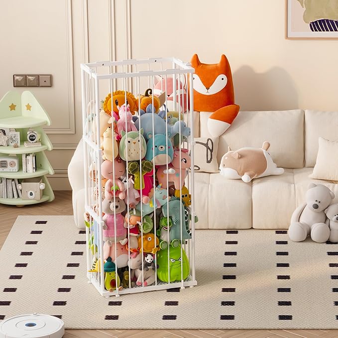 Large Metal Stuffed Animal Storage Zoo, Metal Stuffed Animal Holder Organizer with Elastic Cord, Space-Saving Toy Storage for Nursery, Playroom & Bedroom, White