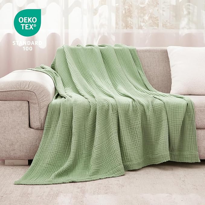 EMME Cotton Blanket Queen Size for Bed Soft Large Muslin Bed Blankets 90"x90" Lightweight Breathable Blanket Bedspread All Season Gauze, Sage Green
