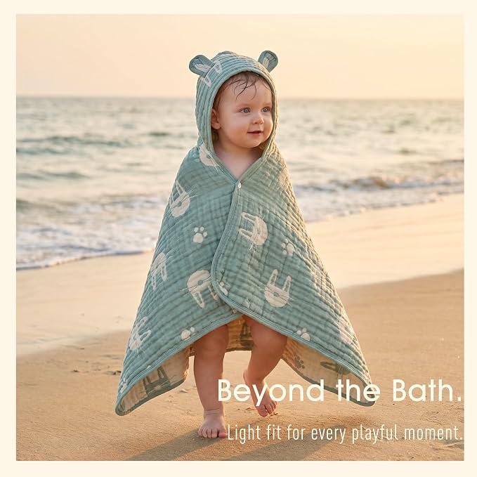 Ultra-Soft Muslin Hooded Towel - 55 x 28 Inches, Made with Organic Cotton, Soft Sage Green Bunny Jacquard with Chest Snap, Ideal for Bath & Beach, for Kids Aged 0-3