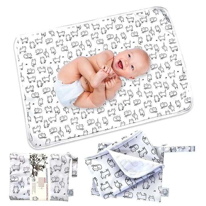 Flock Three Waterproof Baby Diaper Changing Pad with Storage Bag (28.7" X 19.7") Washable Wipeable Reusable Leak Proof Diaper Travel Mat Station Changing Mattress Liner Cribs Bed Cover, Cats