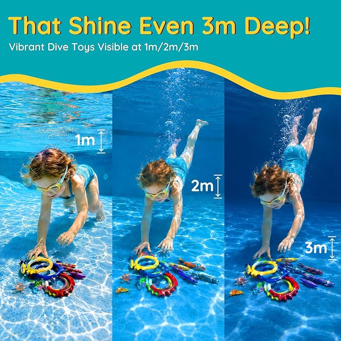 20Pcs Summer Pool Diving Swimming Toys for Kids Ages 3-12, Fun Swim Games Sinking Set, Underwater Dive Gifts with Storage Bag Include Torpedo Gems Shark Rings Sea Animals for Boys Girls Toddlers