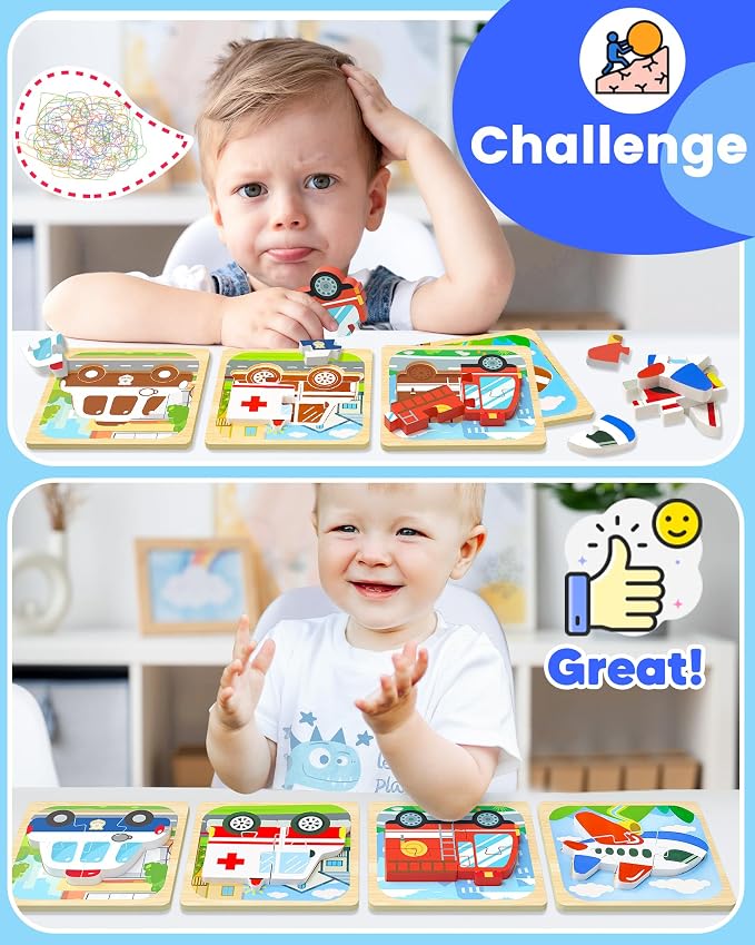 Benresive Wooden Toddler Puzzles for Boys Girls Age 1 2 3, 4 Pack Montessori Vehicle Toys, Educational Preschool Learning Toys, Great Birthday Gifts for Toddlers