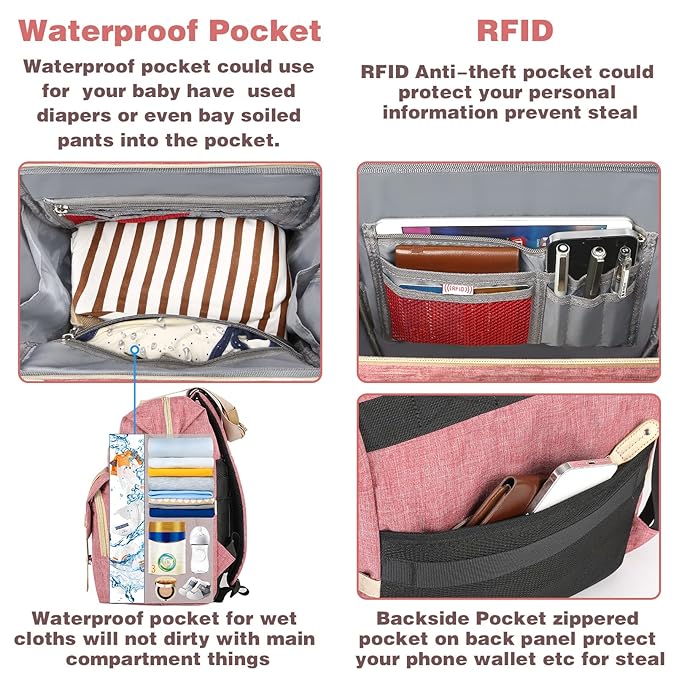 Jiefeike Diaper Bag Backpack, Pink Baby Girls Diaper Bag for Mom, Travel Baby Bags Backpack for Women, Insulated Pockets Portable toddler diaper bag, RFID Anti-Theft Pocket